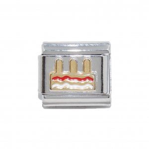 Birthday cake - gold red and white enamel 9mm Italian charm