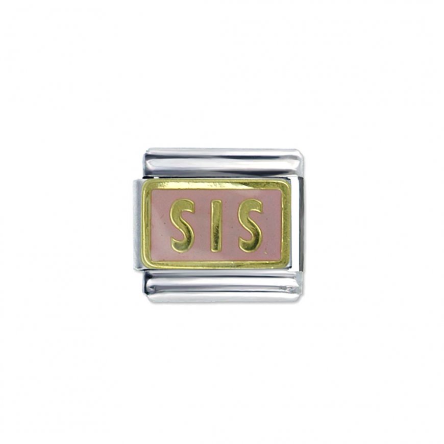 Sis - gold on pink background enamel 9mm Italian charm - Click Image to Close
