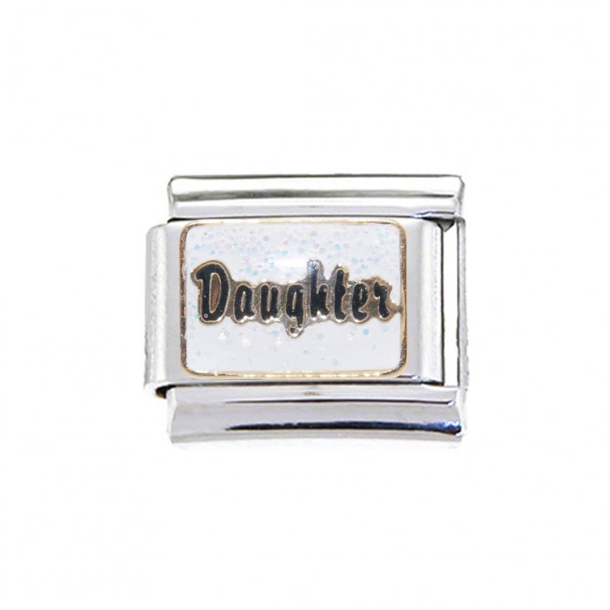 Daughter - white sparkly enamel 9mm Italian charm - Click Image to Close
