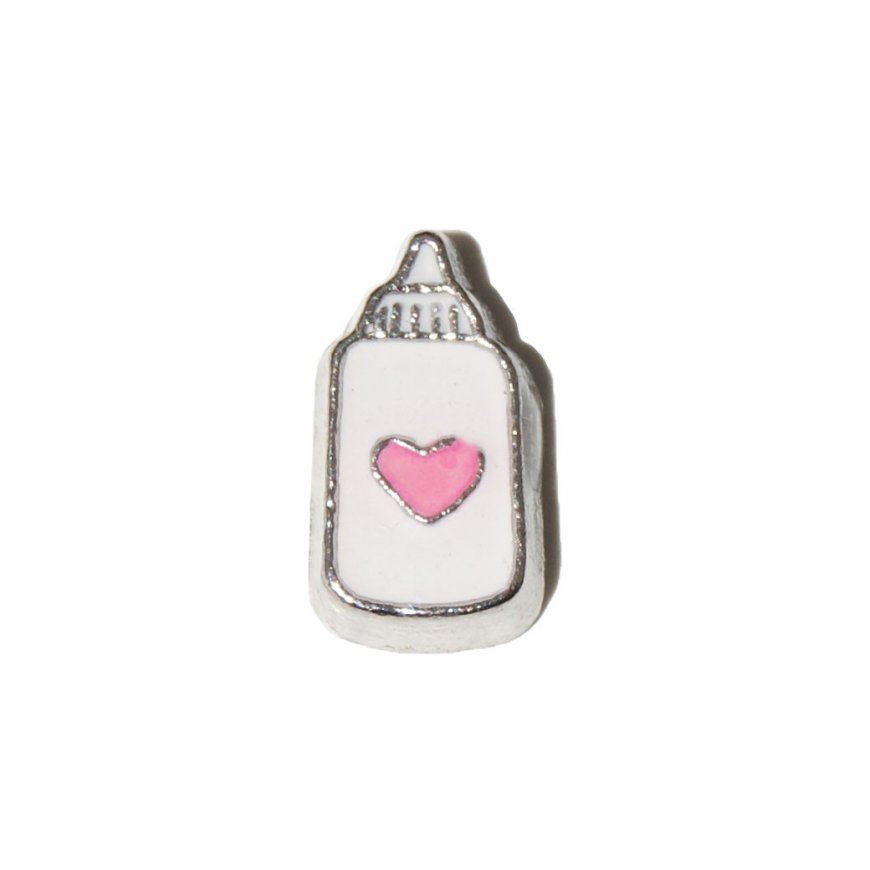 Baby bottle with pink heart - baby girl 9mm floating charm - Click Image to Close