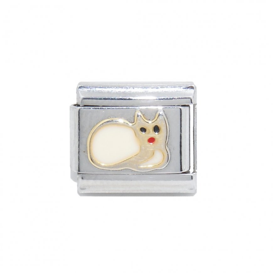 Cat - White and gold (a) 9mm enamel Italian charm - Click Image to Close