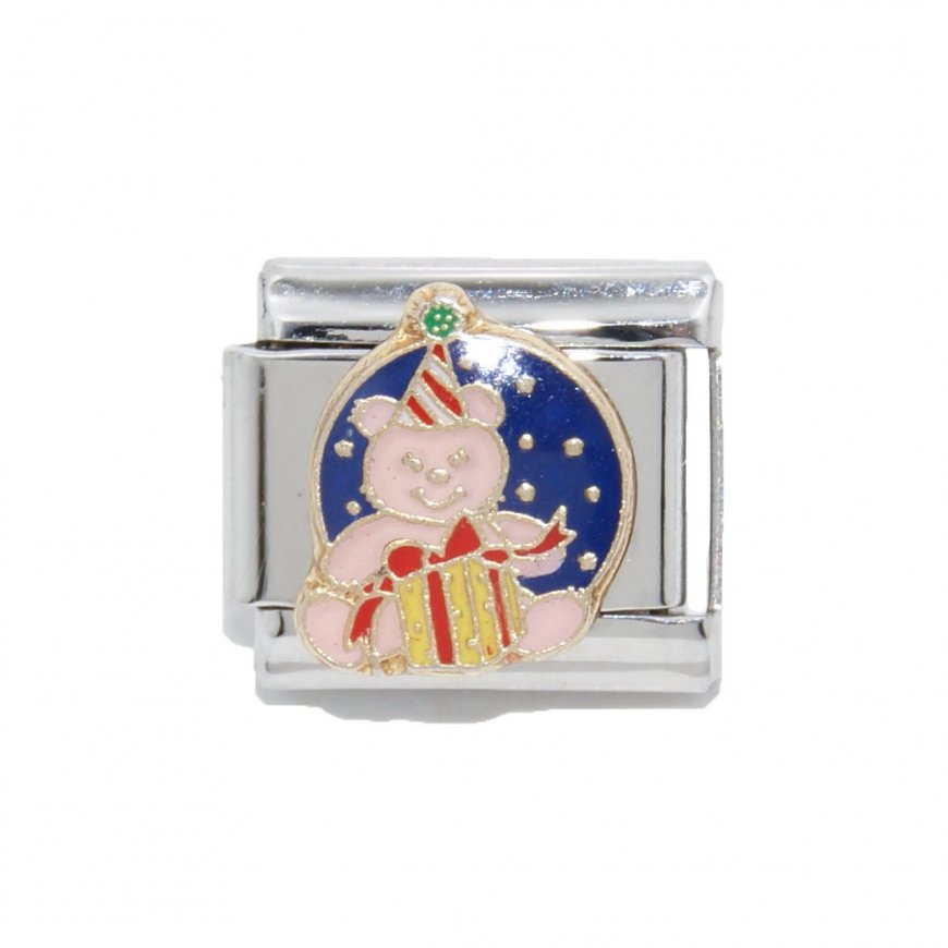 Christmas teddy with gift - enamel 9mm Italian charm - Click Image to Close