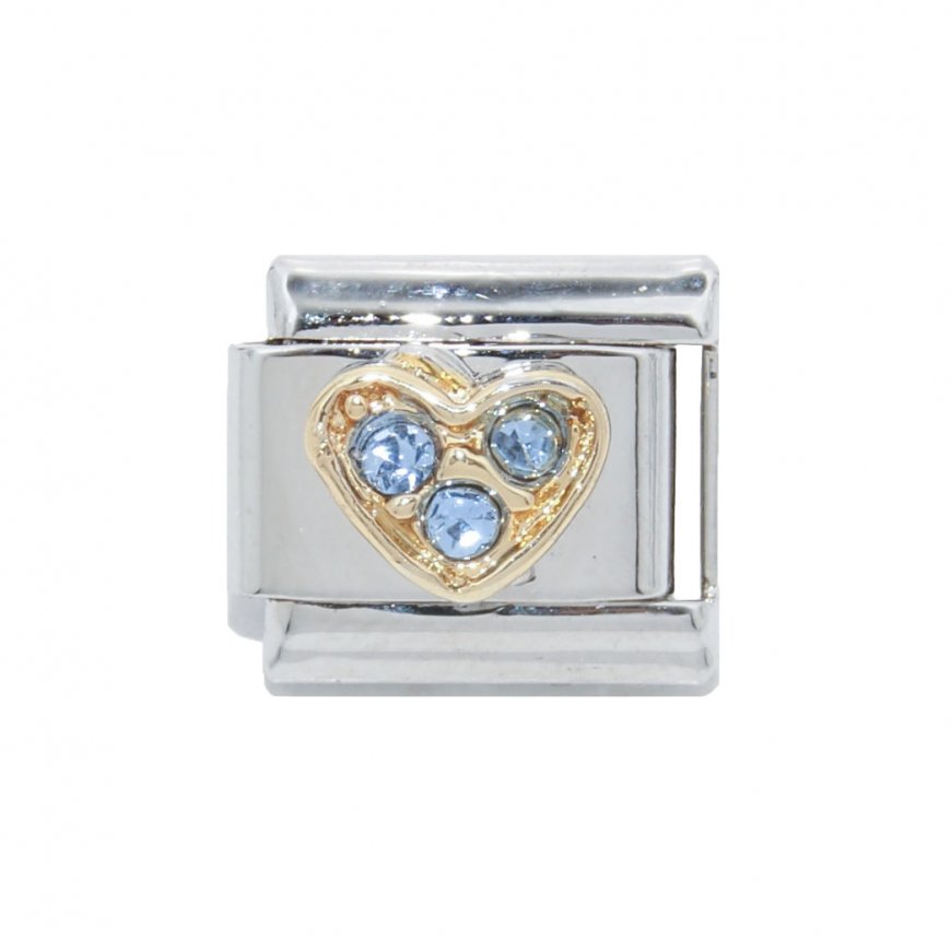 Gold heart with 3 blue rhinestones - 9mm Italian charm - Click Image to Close