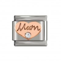 Rose gold Mum heart with clear stone - 9mm classic Italian charm