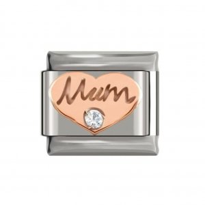 Rose gold Mum heart with clear stone - 9mm classic Italian charm