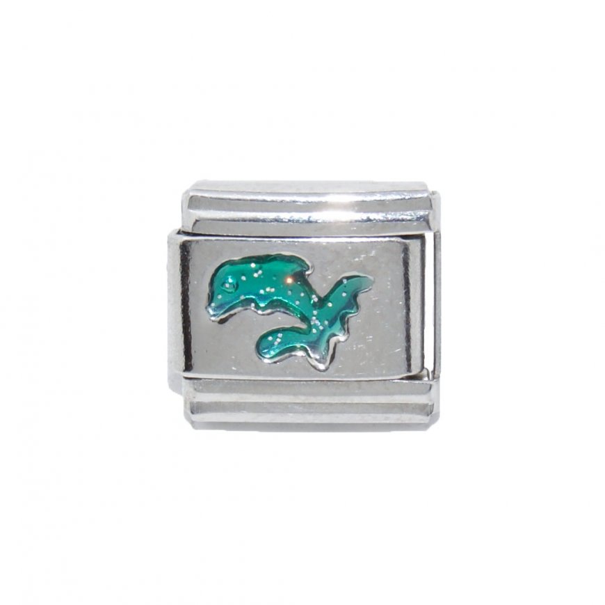 Green sparkly dolphin - enamel 9mm Italian Charm - Click Image to Close