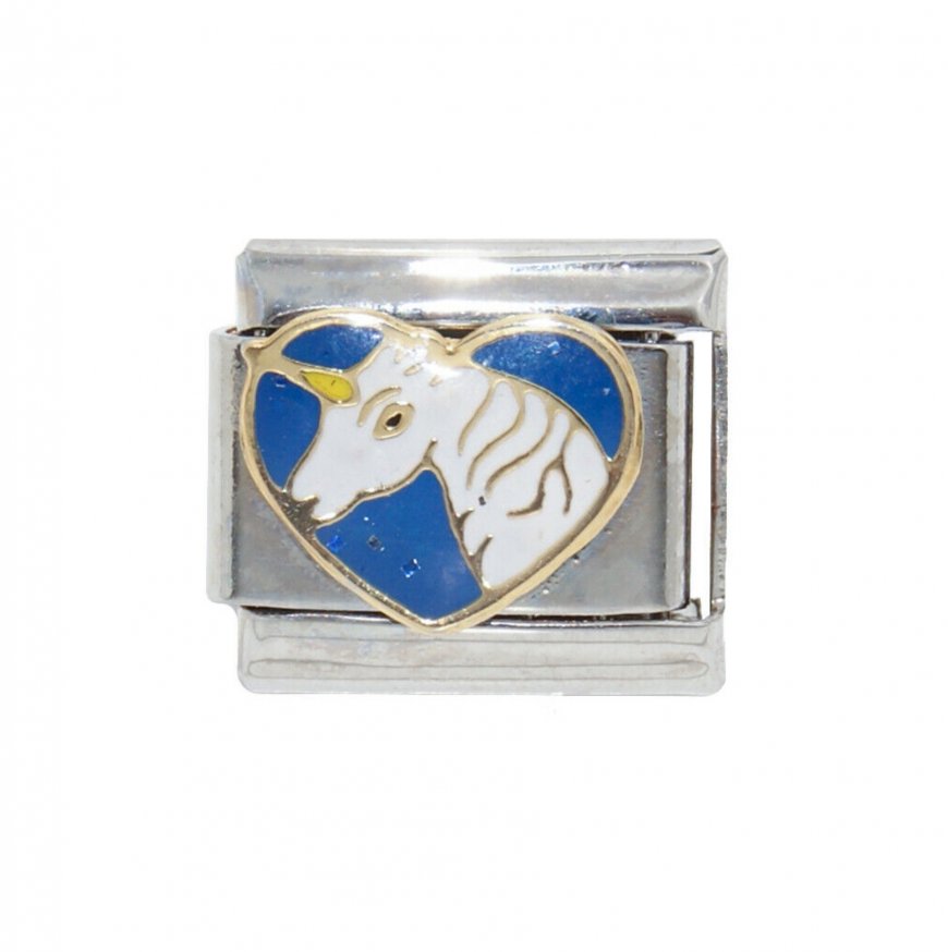Unicorn on blue sparkly heart - enamel 9mm Italian charm - Click Image to Close