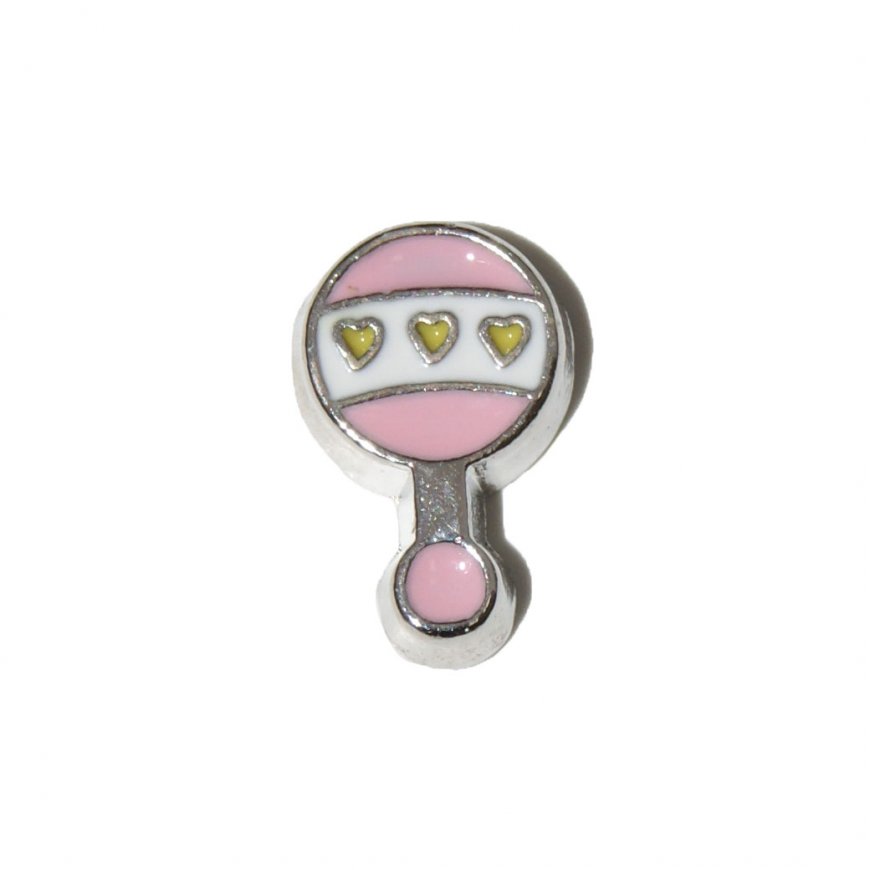 Baby Girl Rattle with hearts 9mm floating locket charm - Click Image to Close