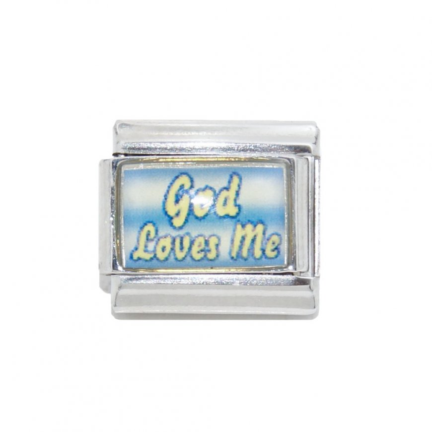 God Loves Me blue and white - 9mm photo Italian charm - Click Image to Close