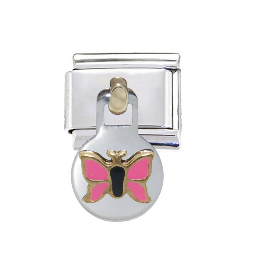 Gold and pink butterfly dangle 9mm classic Italian charm - Click Image to Close