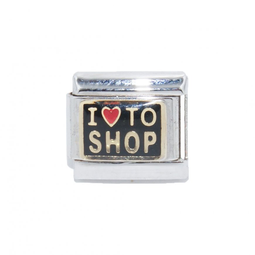 I love to shop - on black background enamel 9mm Italian charm - Click Image to Close