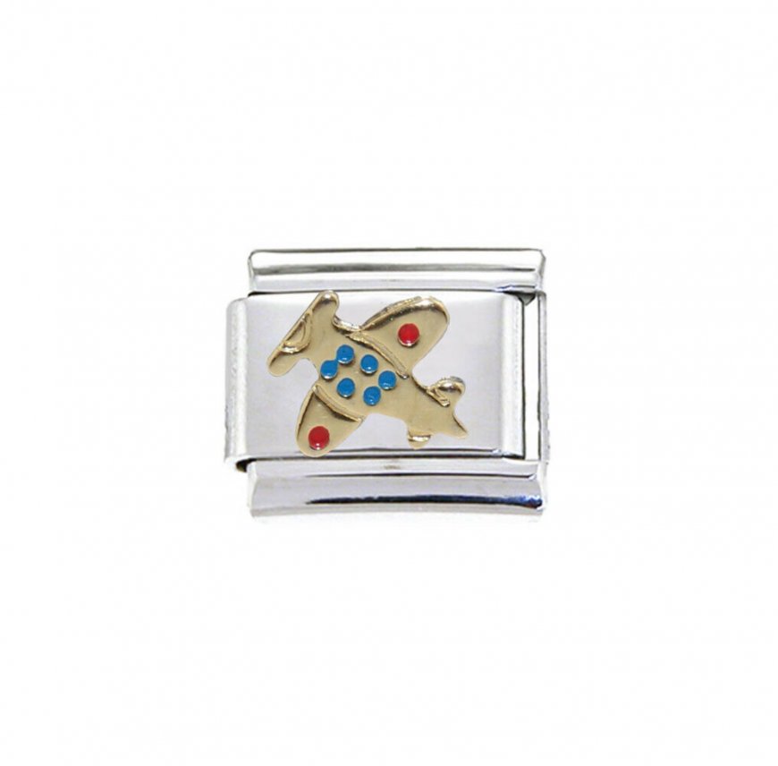 Plane - travel - gold, blue and red 9mm Italian Charm - Click Image to Close
