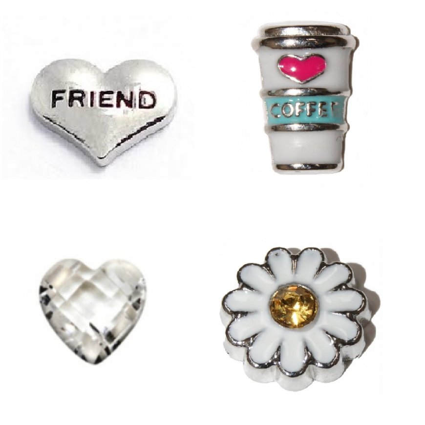 Friend Set of 4 Floating Charms, Friend, Daisy, Coffee, Heart - Click Image to Close