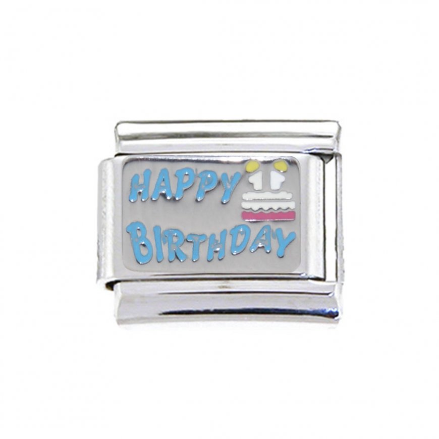 Happy Birthday with Cake blue enamel - 9mm Italian charm - Click Image to Close