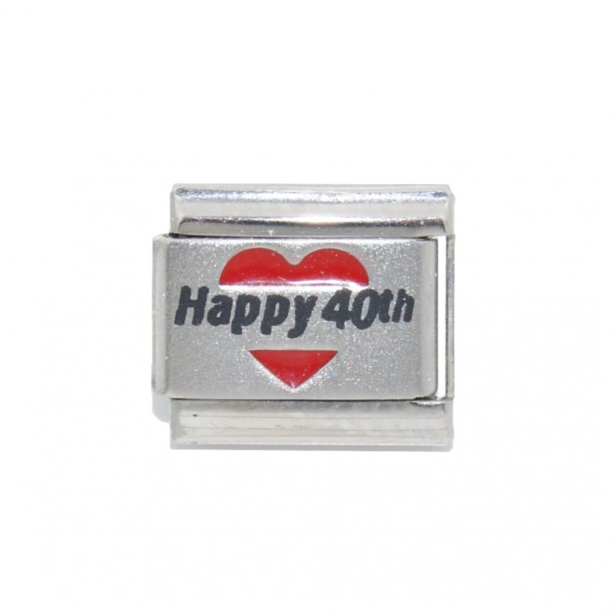 Happy 40th in red heart - 9mm Laser Italian charm - Click Image to Close