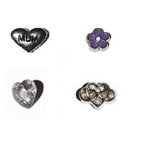 Mum Set of 4 Floating Charms, Mum, Purple Flower, 2 Hearts - Click Image to Close