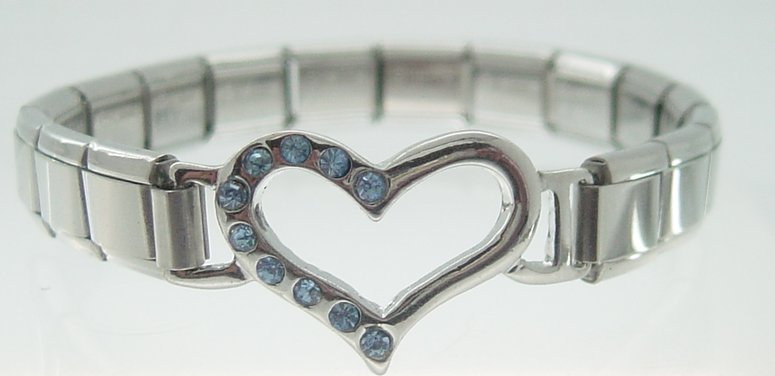 Open heart with blue rhinestones on SHINY bracelet - Click Image to Close