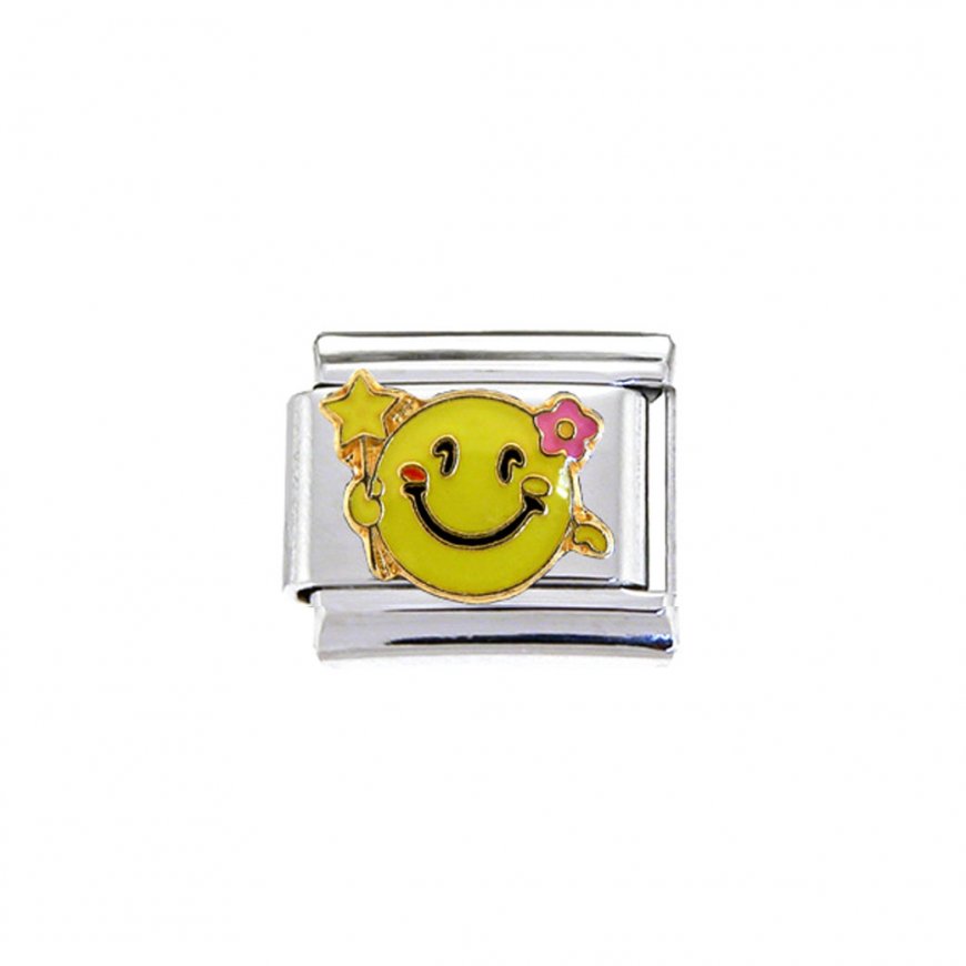 Smiley face with star wand- enamel charm - Click Image to Close