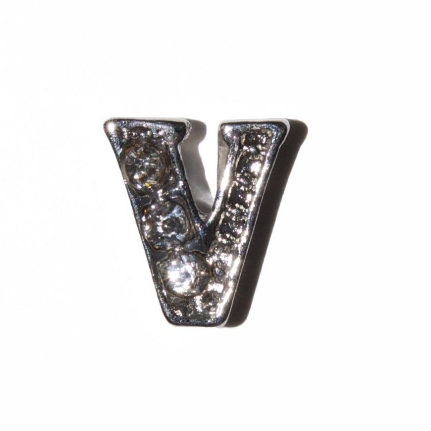 V Letter with stones - floating locket charm - Click Image to Close