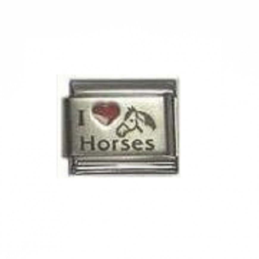 I love horses (b) - red heart laser 9mm Italian charm - Click Image to Close