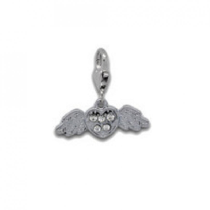 Rhinestone heart with angel wings - clip on charm - Click Image to Close