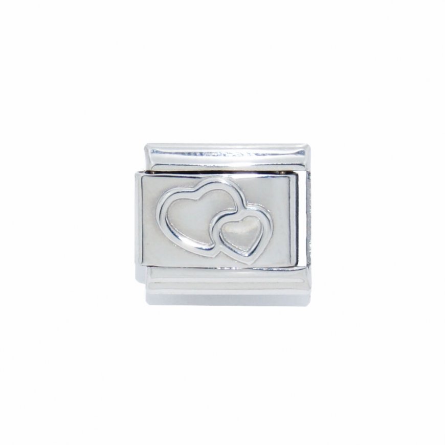 Silver coloured double hearts - 9mm Italian charm - Click Image to Close