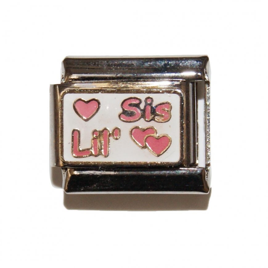Lil' Sis with pink hearts 9mm Italian charm - Click Image to Close