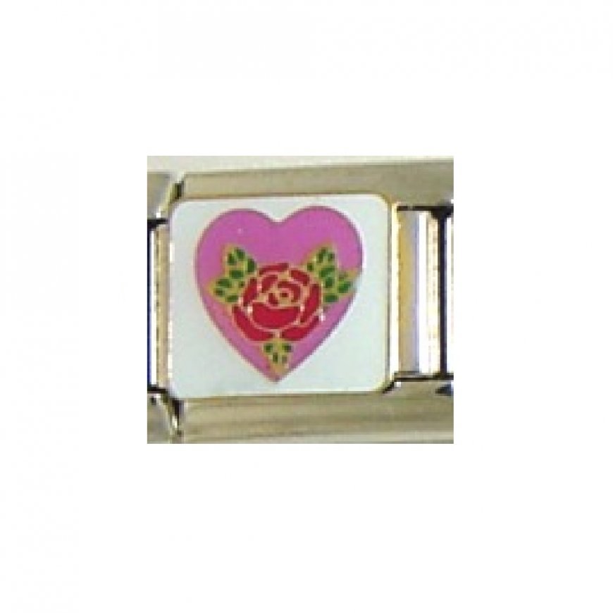 Rose in pink heart on white background - 9mm Italian charm - Click Image to Close