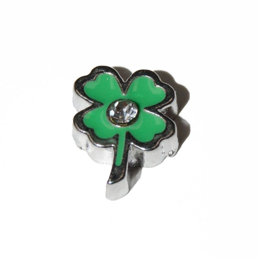 Four leaf clover with clear stone 7mm floating locket charm - Click Image to Close
