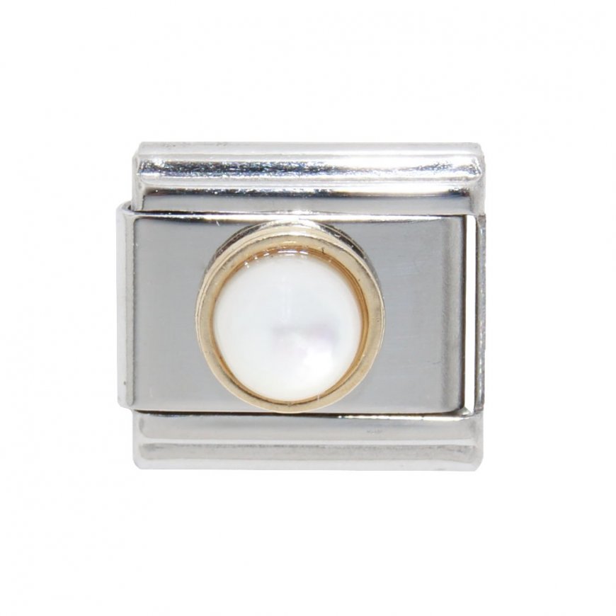 Pearl with gold rim - 9mm classic Italian charm - Click Image to Close