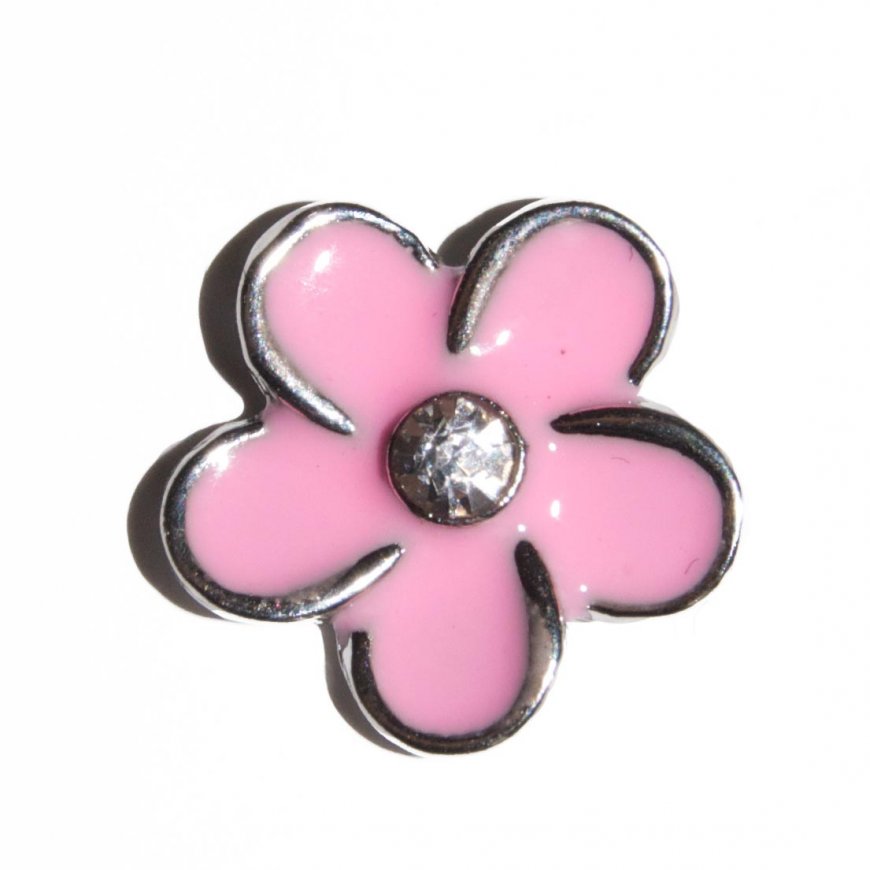 Pink flower clear stone 11mm floating locket charm - Click Image to Close