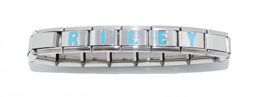 Any single name on a bracelet in blue 9mm Italian charm letters - Click Image to Close