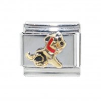 Gold dog with red collar- enamel 9mm Italian charm