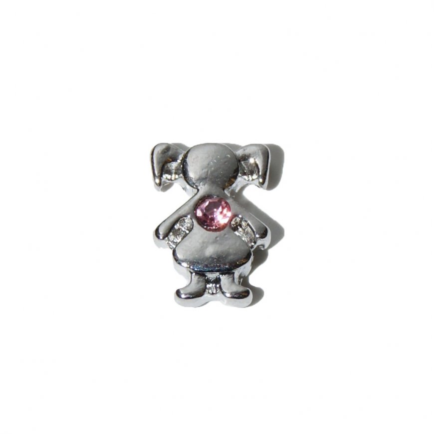 Silvertone little girl with PINK stone 8mm floating charm - Click Image to Close