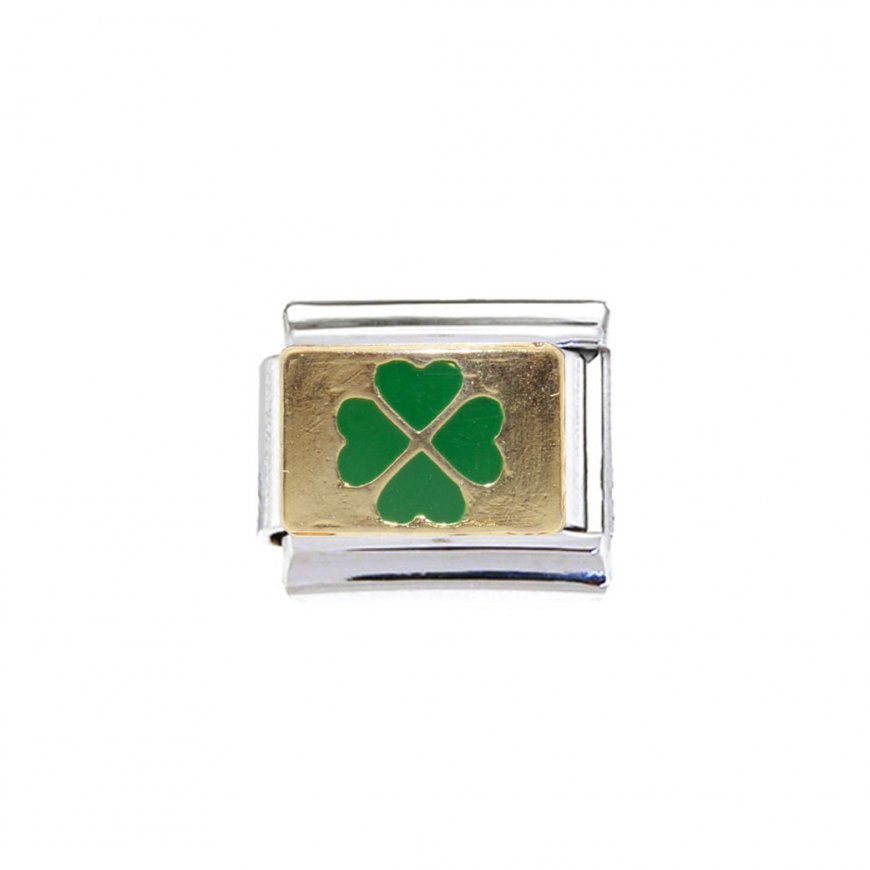 Lucky green clover on gold background - 9mm Italian Charm - Click Image to Close