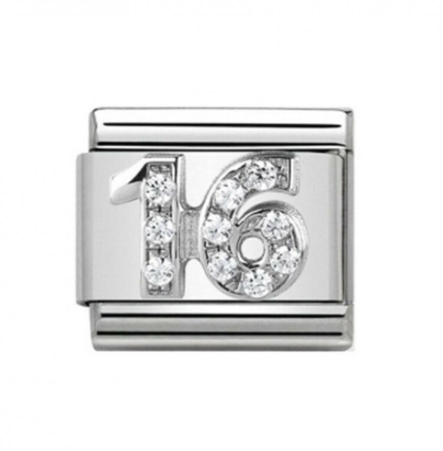 16 with clear stones birthday - 9mm Italian charm - Click Image to Close