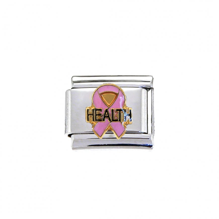 Health on pink breast cancer ribbon - enamel 9mm Italian charm - Click Image to Close
