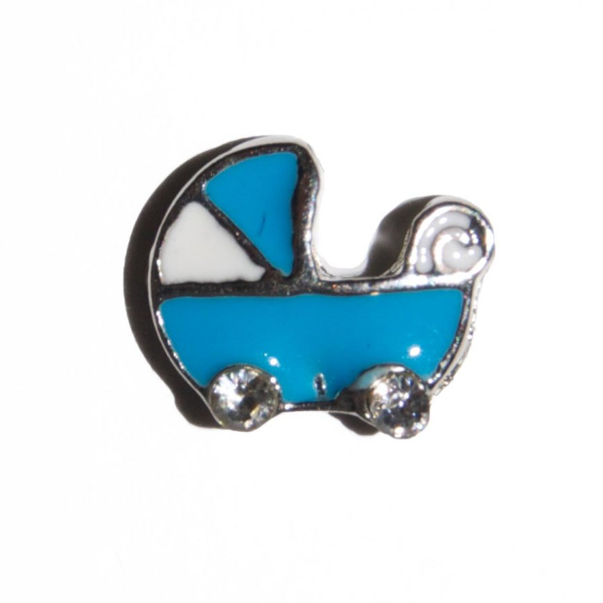 Baby boy pram with clear stones 9mm floating locket charm - Click Image to Close