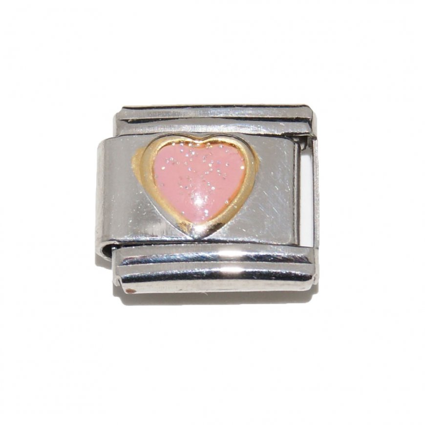 Pink sparkly heart gold trim - enamel charm Italian charm - Click Image to Close