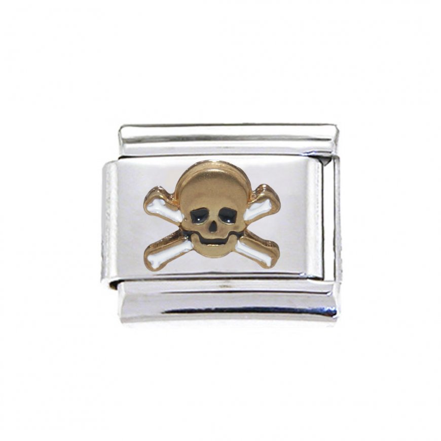 Skull and cross bones white and gold enamel 9mm Italian charm - Click Image to Close