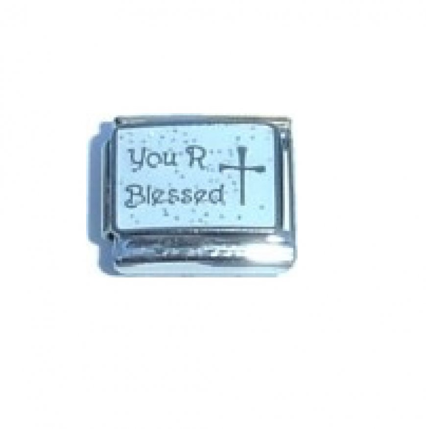 You R Blessed with a cross - sparkly 9mm Italian charm - Click Image to Close