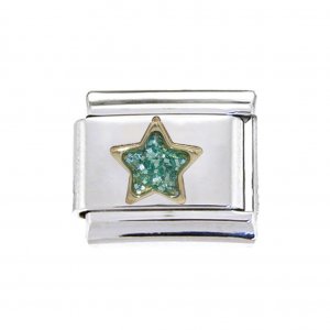 Mint green sparkly star gold rim - 9mm Italian Charm