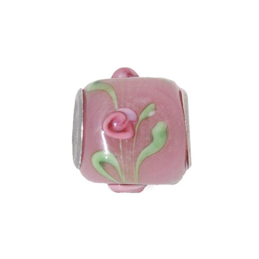 EB67 - Glass bead - Pink cube with rose - European bead - Click Image to Close
