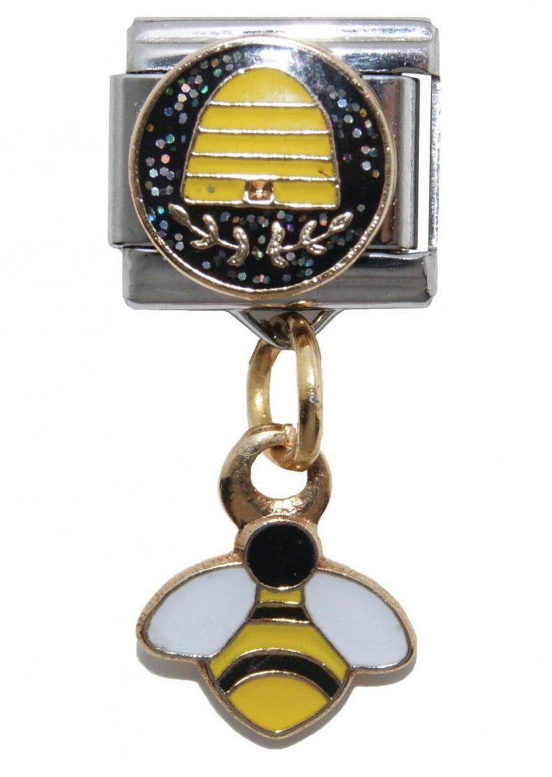 Beehive with bee - dangle 9mm Italian charm - Click Image to Close