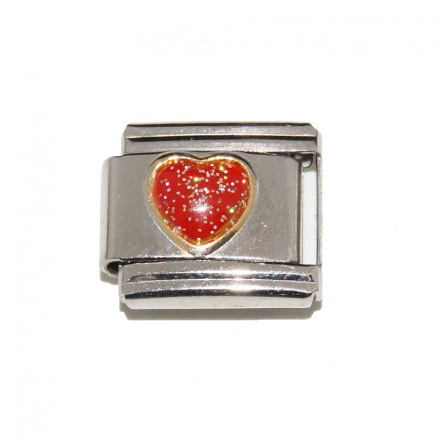 Red sparkly heart gold trim - enamel charm Italian charm - Click Image to Close