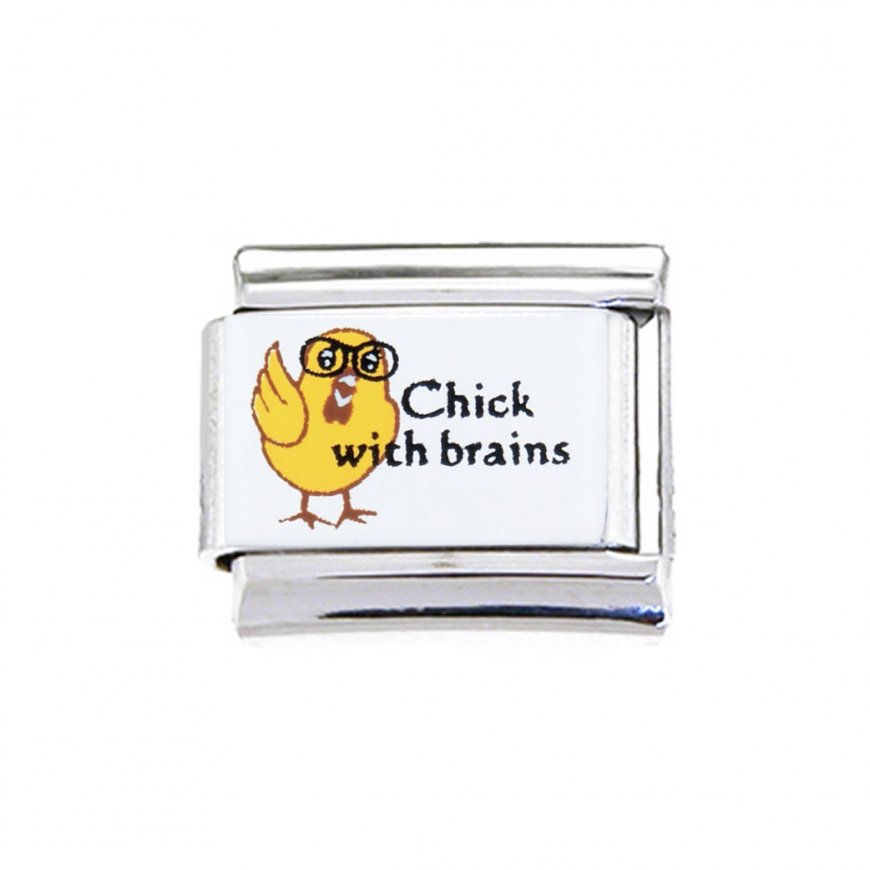 Chick with brains on white background - enamel 9mm Italian charm - Click Image to Close