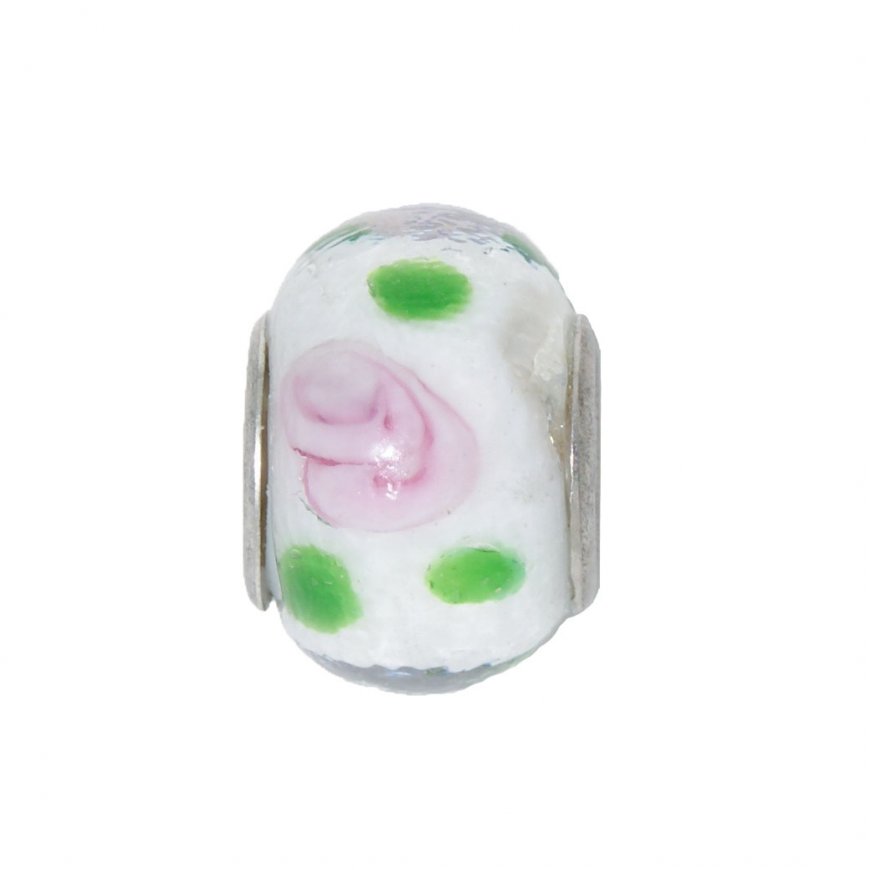EB45 - Glass bead - White, pink and green - European bead charm - Click Image to Close