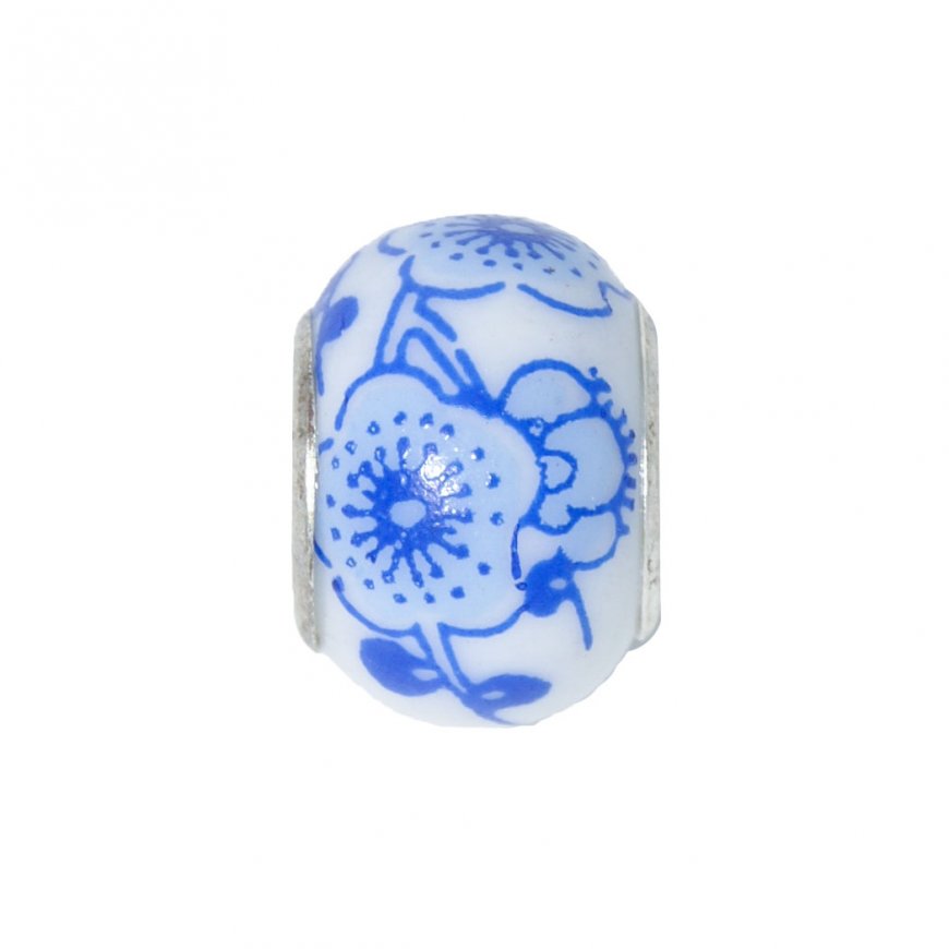 EB53 - White bead with blue flowers - European bead charm - Click Image to Close