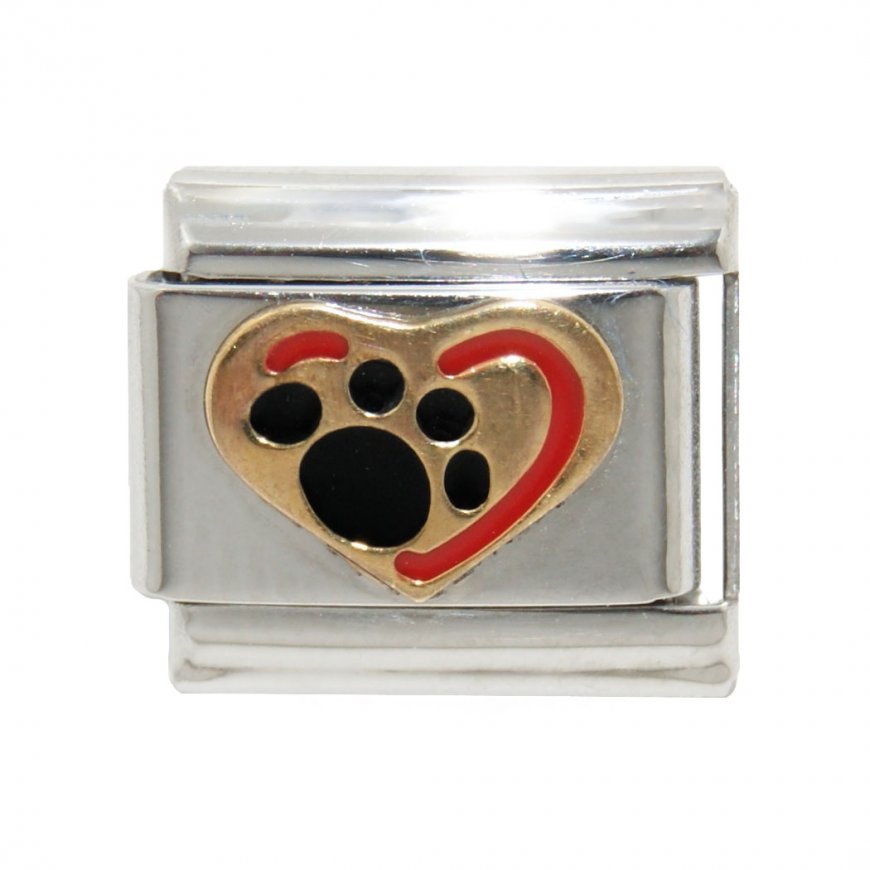 Gold heart with black pawprint - 9mm enamel Italian Charm - Click Image to Close