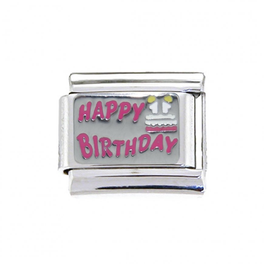 Happy Birthday with Cake pink enamel - 9mm Italian charm - Click Image to Close